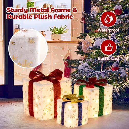 Tangkula Set of 3 Christmas Lighted Gift Boxes, Pre-lit Xmas Box Decoration