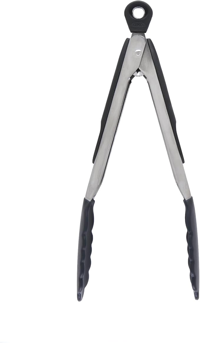 OXO Good Grips 9-Inch Tongs with Silicone Heads, Black and OXO Good Grips Large Silicone Turner, Stainless Steel Bundle