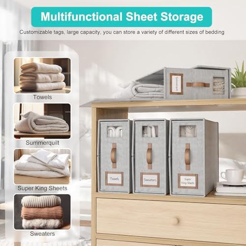6 Pack Bed Sheets Organizers And Storage,Sheets Set Folder Keeper with Handle,Foldable Bedding Storage Box For Linen Closet,Duvet Cover(Cal King Size-5.2 Gal,Gray)