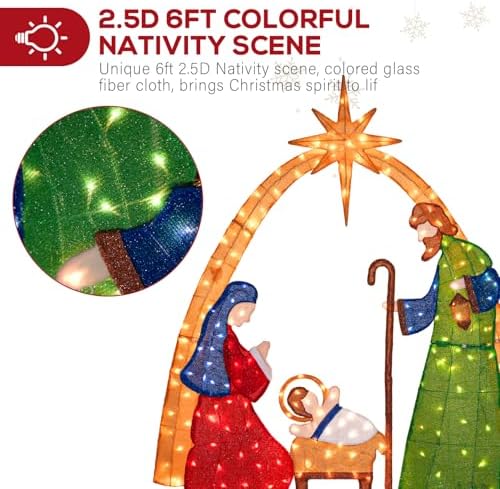 Hykolity 5.5 FT 2.5D Lighted Nativity Scene, Outdoor Christmas Yard Decoration with 210 Warm White LEDs, Stained-Glass Style Fabric and 5 FT Power Cord for Lawn and Porch