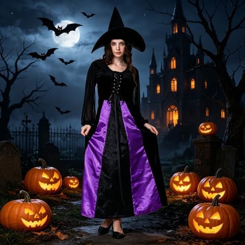 Colorful House Women Wicked Witch Costume Dress with Hat for Halloween