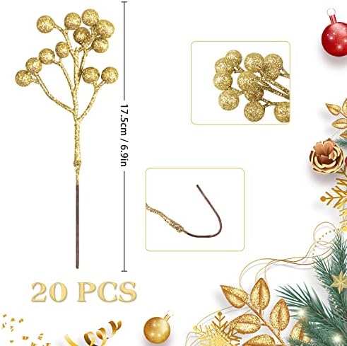 Fangoo 20 Pack 7 Inch Artificial Gold Berry Stems for Christmas Tree Decor