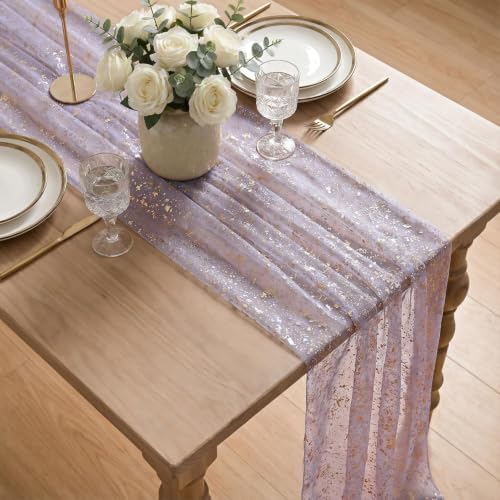 Artoid Mode 6Pcs Grayish Purple Gauze Gold Table Runner 10FT, Glitter Metallic Foil Sheer Dining Wedding Anniversary Holiday Table Decor for Home Party