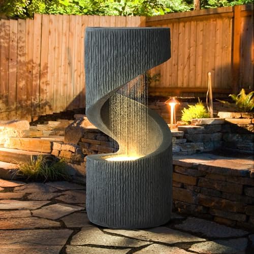 31.9" Outdoor S-Shaped Water Fountain, Garden Waterfalls with Lights