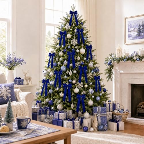 12Pcs Blue Velvet Ribbon Bows Christmas Tree Decorations,5in x 10in Xmas Ornaments for Tree Home Party Front Door Wreath Garland Holiday Decor