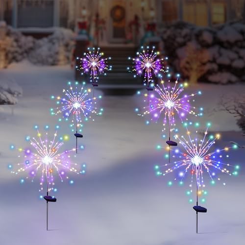 Solar Garden Firework Lights Outdoor Waterproof 6 Pack, 120 LED Sparklers, Colorful, for Patio, Backyard, Sidewalk, Christmas, Parties