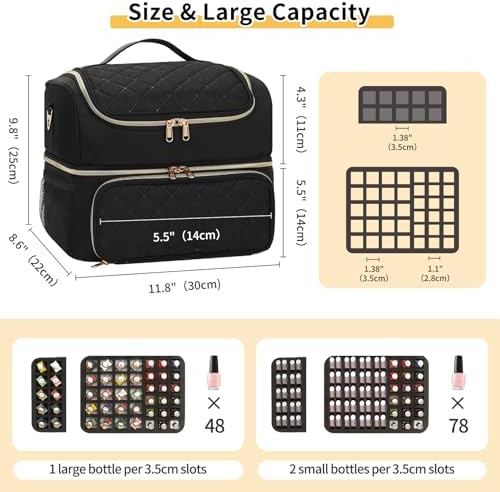 CUBETASTIC Nail Polish Organizer & Storage Bag for 48 Bottles & Full-Size Lamp, Double-Layer Travel Case Box for Nail Supplies, Manicure Kit & Pedicure Tools (Black, 48 Slots)