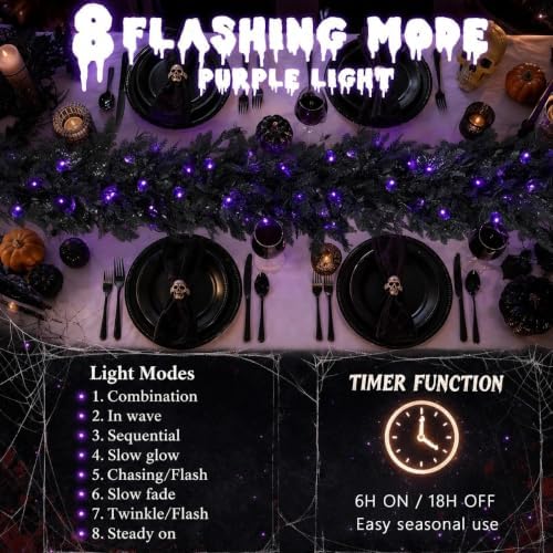 Pre-Lit Halloween Garland 9FT Decorations Black Real Touch Cedar Cypress Pine Plant Artificial Halloween Garland with Lights for Mantle, Fireplace, Table, Stairs, Door, Indoor Outdoor Decorations