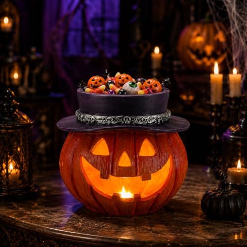 Light Up Pumpkin Candy Bowl for Halloween with Batteries Included