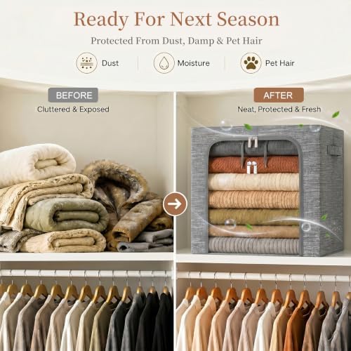 GoMaihe Blanket Storage Bins with Metal Frame for Closet, 55L 6-Pack Grey