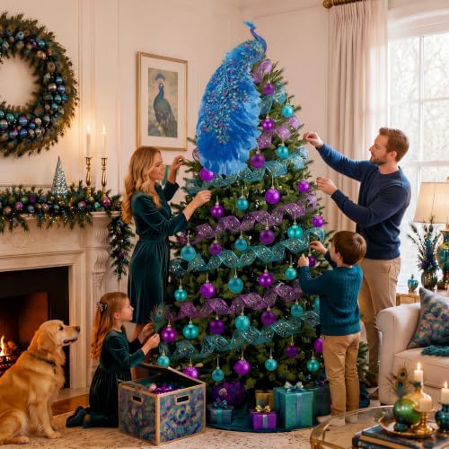 39 Pcs Christmas Tree Decorations Peacock Topper Ornaments Ribbon Blue and Purple Balls Christmas Tree Hanging Ornaments for Xmas Home Office Decorations