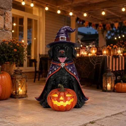 Halloween Large Labrador Statue with Glowing Pumpkin, Entrance Decor