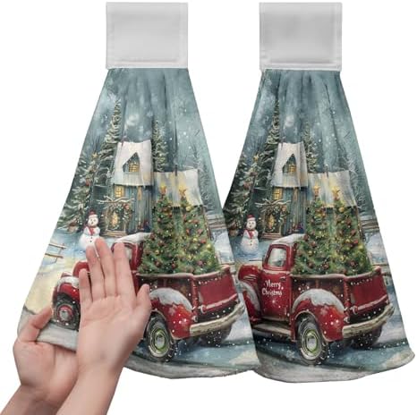 Christmas Red Truck Hanging Hand Towels Set of 2 Xmas Tree Snowman Farmhouse Kitchen Towels with Hanging Loop Winter Holiday Dish Tie Towel Soft Absorbent Guest Fingertip Bath Towel for Bathroom