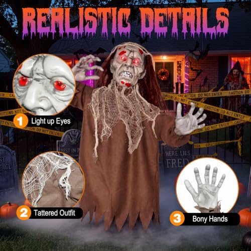 Halloween Creepy Animatronic Zombie Groundbreaker Outdoor Decor with Light up Eyes & Spooky Sound Adjustable Arms, Halloween Props for Graveyard Lawn Patio Yard Outside Decorations
