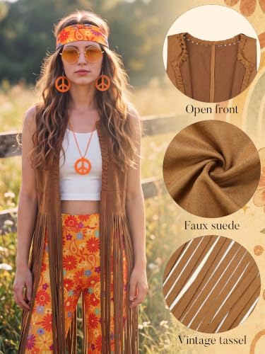 SOMSOC 7 Pieces 60s 70s Women Hippie Costume Fringe Vest Bag Pant Headband for Disco