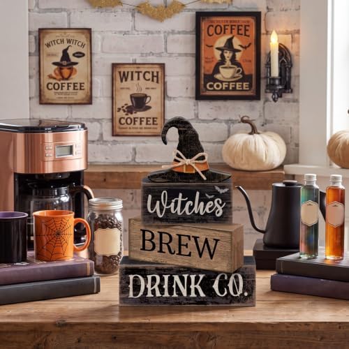 Lineshading 4 Pcs Halloween Witch Wood Block Signs, Tiered Tray Decor