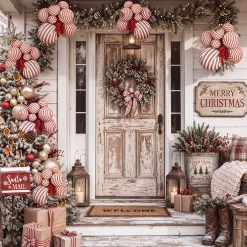 4 Set Large Red White Stripe Christmas Ball Clusters Fabric Ball Ornament