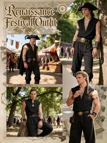 Verceco Mens Pirate Costume 8PCS Renaissance Sleeveless Shirt Ankle-Banded Pants Sash Belt & Accessories LARP Cosplay