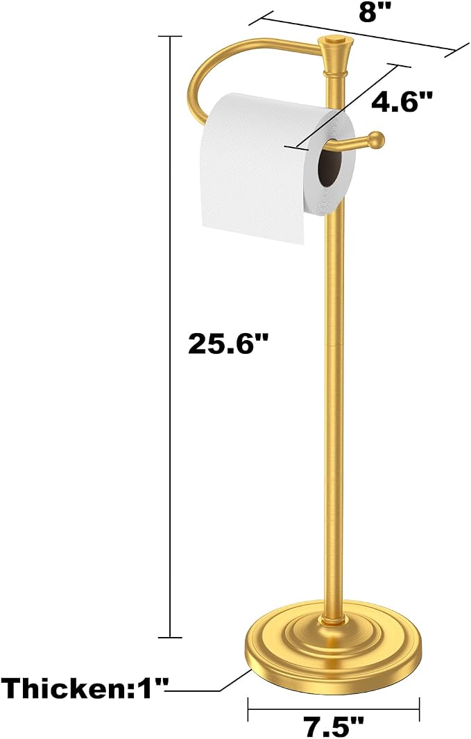 Toilet Paper Holder Free Standing, 25” H Stainless Steel Brass Gold Toilet Paper Stand, Weighted Base Floor Tissue Roll Holder for Bathroom,Toilet Roll Stand