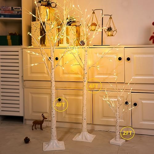 4 Pack 4FT Lighted Birch Trees, 192 LED Twinkling Trees, 2 Lighting Modes