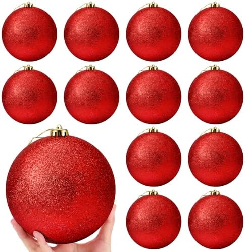 Poen 12 Pcs 6 Inch Large Glitter Christmas Ball Ornament, Red