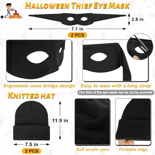 QZYL 12 PCS Robber Costume, Unisex Thief Cosplay Set T-Shirt Beanie Cap Gloves Eye Masks Money Bags for Halloween Costume