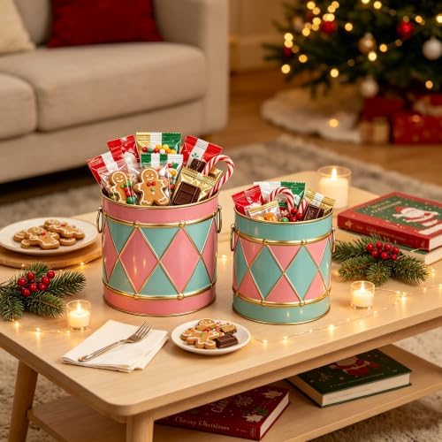 2-Piece Pastel Drum‑Shaped Metal Decorative Buckets Set, Vintage Festive Ice Bucket & Storage for Small Plants/Ornaments/Candies, Christmas Table Mantel Home Centerpiece Decor