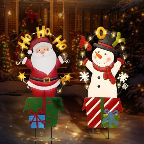 BRIGHTDECK 2 Pack Christmas Yard Signs Outdoor Decorations, Snowman Santa