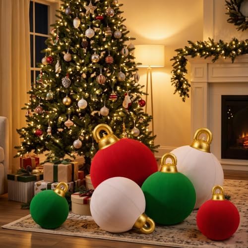 Jenaai 6 Pcs Giant Velvet Christmas Inflatable Ball Ornament 24" 20" 18"