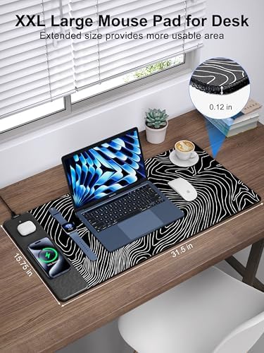 Mouse Pad with Wireless Charging, Large Desk Mat, Black Topographic Map #1