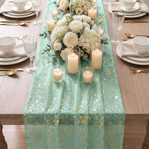 Artoid Mode 10Pcs Turquoise Gauze Gold Table Runner 10FT, Glitter Metallic Foil Sheer Dining Wedding Anniversary Holiday Table Decor for Home Party