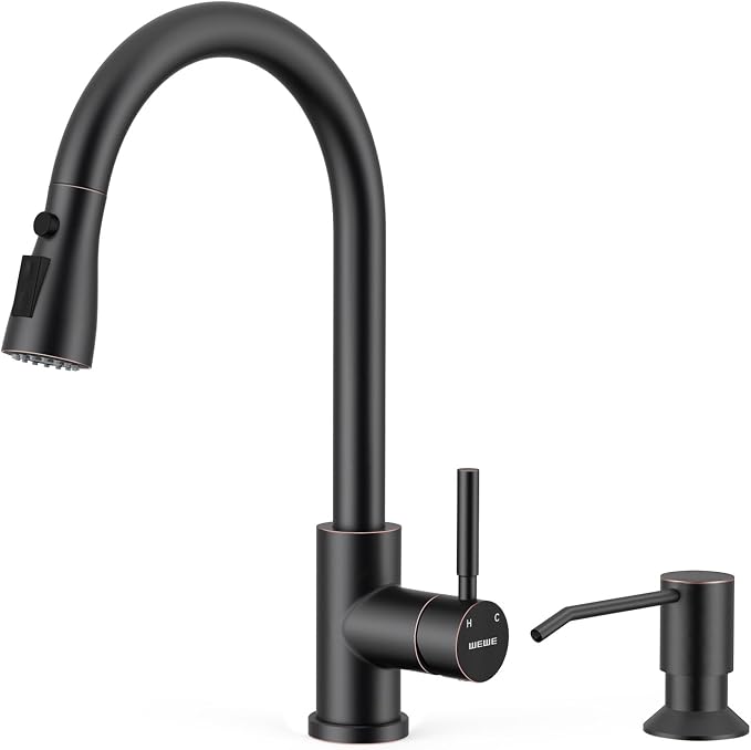 WEWE Kitchen Faucet with Pull Down Sprayer and Soap Dispenser, Oil Rubbed Bronze High Arc Single Handle Stainless Steel Sink Faucet, Suitable for Farmhouse, RV & Laundry