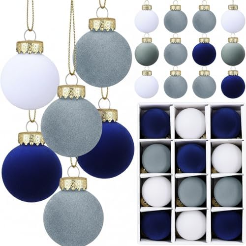 Gemscream 30 Pcs Velvet Christmas Balls, 3.15" Flocked Blue Ornaments, Blue