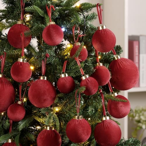 ZenNex 48 Pcs Velvet Christmas Balls Bulk, Flocked Xmas Tree Ornaments, Red
