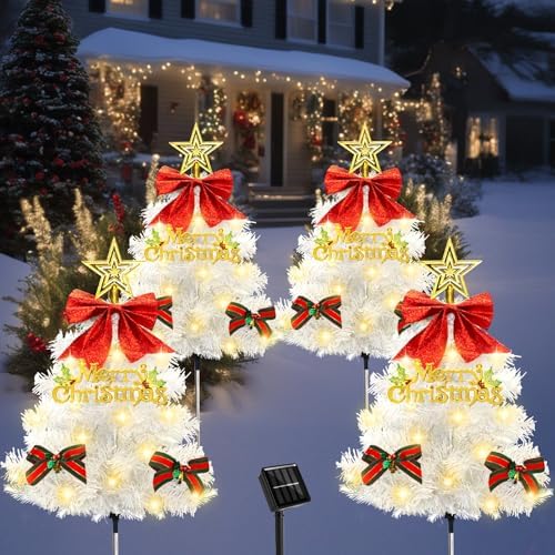 Christmas Tree Solar Pathway Lights Outdoor Decor, 4 Pack, White