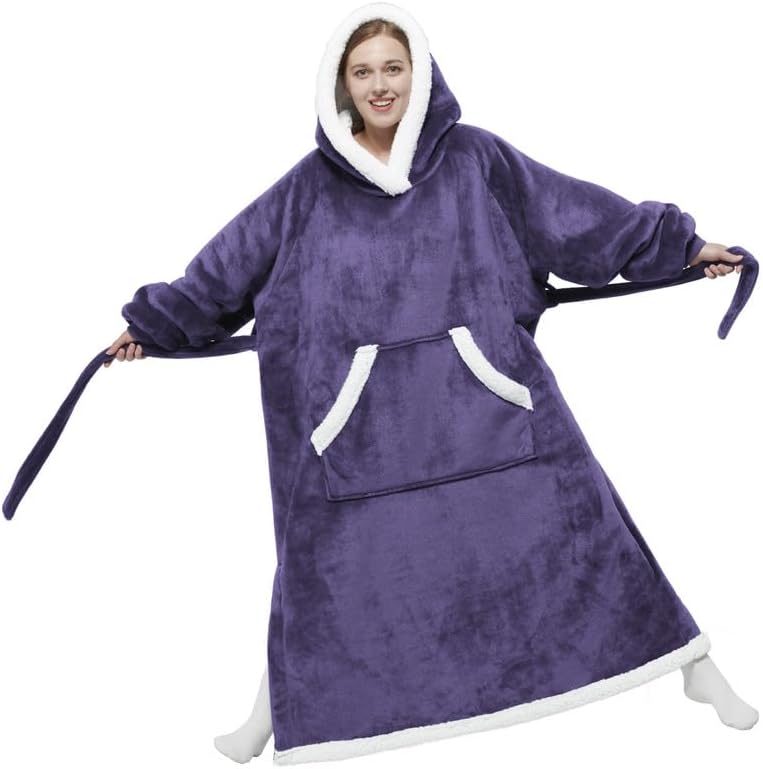 Bedsure Wearable Blanket Hoodie, Long Hooded Blanket Sweatshirt as Birthday Gifts for Women, Cozy Sherpa Hoodie for Adult, Small, Dark Purple