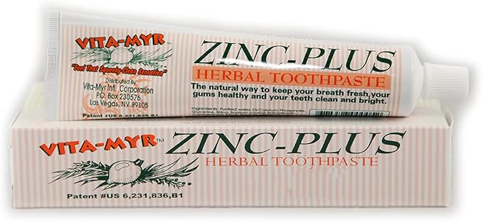 Vita-Myr Oral Care Zinc+ 4 Oz Pack of 6 Toothpaste, Sugar Free, Fluoride Free, Gluten Free, SLS Free, Alcohol/Peroxide Free, Saccharin Free, Artificial Sweetener/Color Free, Made in USA