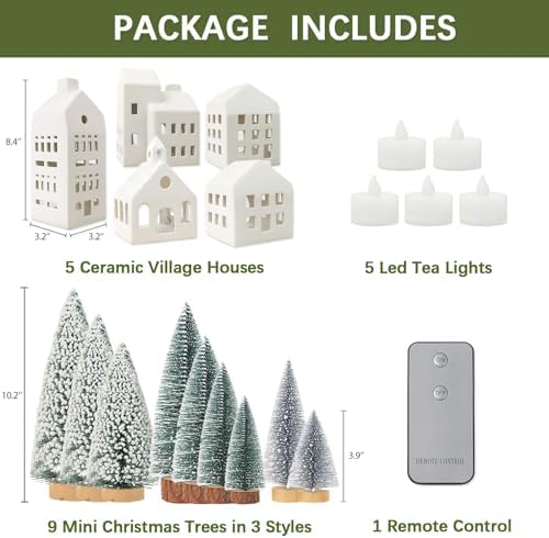 Christmas Decorations - Village Sets of 5 Lighted Ceramic Houses & 9 Trees