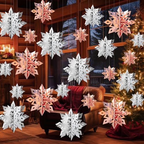 Snowflake Decorations, Paper Christmas Hanging Decor Indoor, 24-Pc