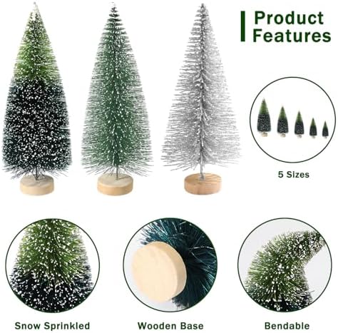 30Pcs Mini Christmas Trees Artificial Christmas Tree Bottle Brush Trees with Wooden Base for Christmas Decor Christmas Party Home Table Craft Decorations(Dark Green+Silver)