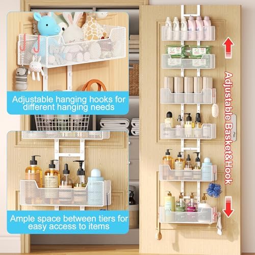 Hongtamoya Over The Door Organizer, Metal Hanging Door Organizer with 6 Adjustable Baskets and 5 Hooks, Behind The Door Storage for Closet Cabinet Kitchen Bathroom Bedroom Pantry Door Organizer, White