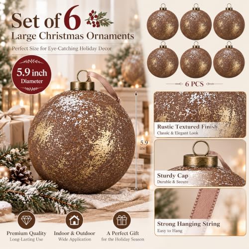 6 Pcs 6'' Large Neutral Christmas Ball Ornaments Terracotta Brown