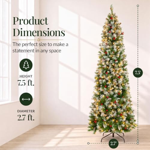 Best Choice Products 7.5ft Pencil Christmas Tree Pre-Lit w/Viral Twinkling Lights, Slim Pre-Decorated Artificial Frosted Pine Skinny Holiday Decoration w/Frosted Tips, Pine Cones, Berries, Metal Base