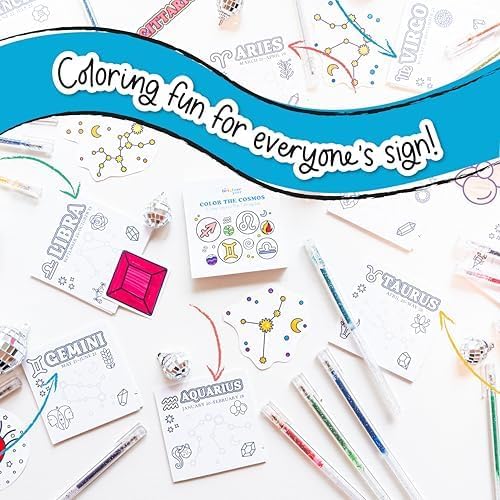 A Brighter Year Large Color The Cosmos Capricorn Bundle - Adult Mini Coloring Book (3" x 3" - 50 Pages), Post It Notes (50-3” x 3”), Stickers, & Gel Pens - Stress Relief, Mindfulness, Gift, Travel