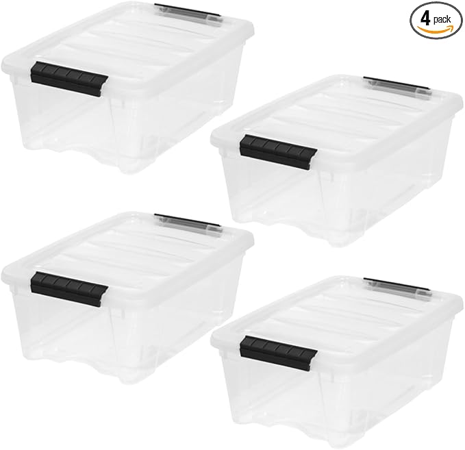 IRIS USA 4-Pack Storage Bins with Lids, 13 Quart, Made in USA Stackable See-Through Organizing Solution Latches Durable Nestable Containers Secure Pull Handle, BPA-Free Plastic