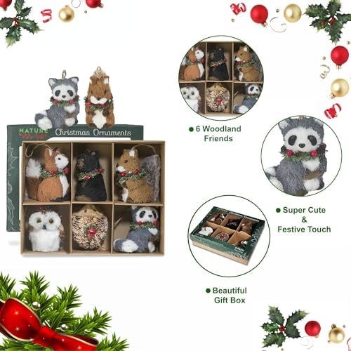 naturevibe Sisal Woodland Animals Christmas Tree Ornaments 6 Pcs Gift Pack