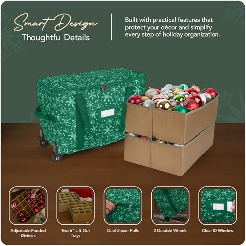 Covermates Keepsakes Rolling Adjustable Ornament Storage Bag – Heavy-Duty Polyester, FlexGrid Trays & Padded Dividers – Protective Holiday Organizer with Wheels, Handles & ID Window, Green Snowflake
