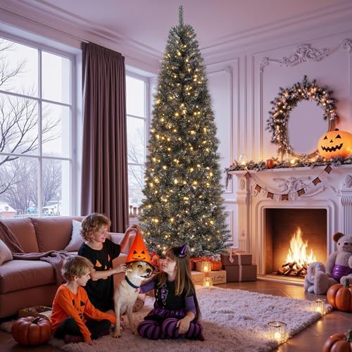 GarveeHome 6 ft Prelit Black Christmas Tree with Lights Halloween Tree Slim Artificial Halloween Christmas Tree Artificial Pencil Tree Automatic Branches for Home, Office, Party Decoration
