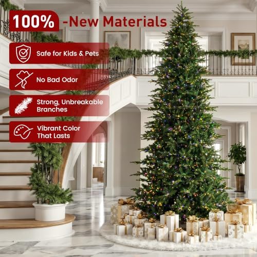 Glitzhome 15ft Prelit Artificial Christmas Tree, Vibrant Evergreen Fir with 5,000 Warm White/Multi-Color Chasing and Twinkling Lights, 13,459 PE&PVC Branch Tips, 9 Function w/Foot Pedal, Simple Setup