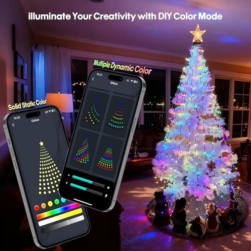 Super RGB Smart Christmas Tree Lights 6FT 400LED, DIY Color Changing Waterfall Xmas Tree Lights with Ring & Top-Star, Remote & APP Control, RGB-IC Dynamic String Light, Music Sync for Indoor Decor